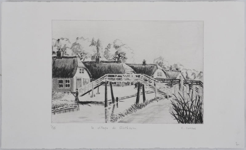 Camille COMBE : Le village de Giethoorn, Gravure originale signée