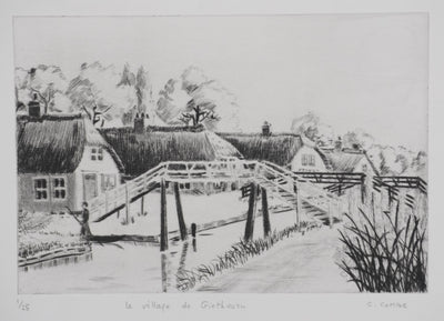 Camille COMBE : Le village de Giethoorn, Gravure originale signée