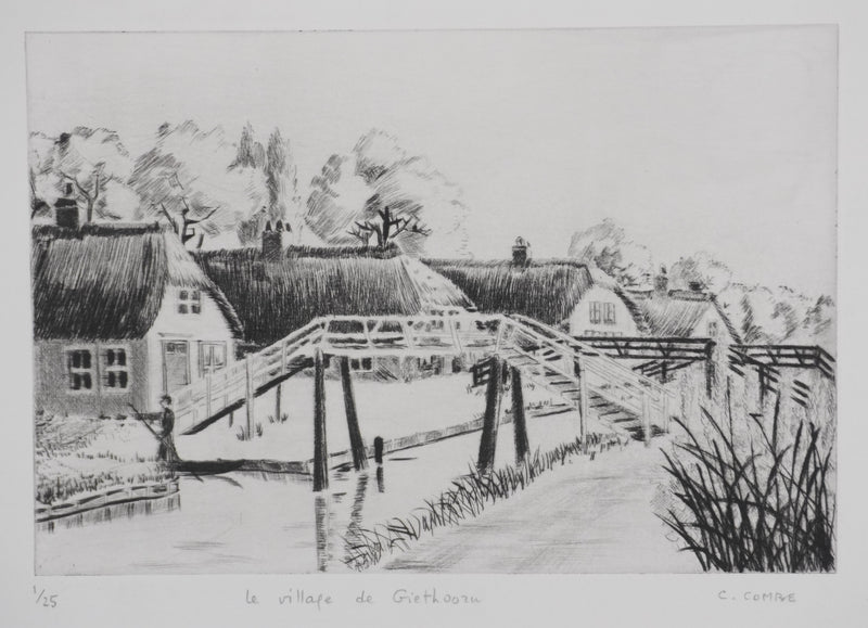 Camille COMBE : Le village de Giethoorn, Gravure originale signée
