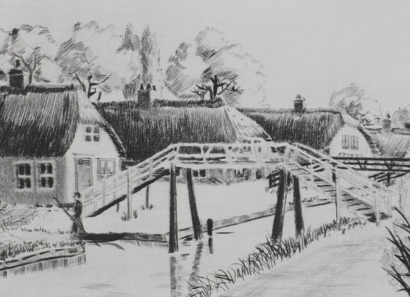 Camille COMBE : Le village de Giethoorn, Gravure originale signée