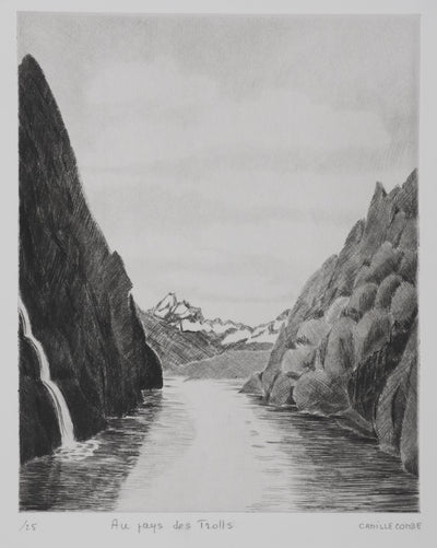 Camille COMBE : Au pays des Trolls, Gravure originale signée