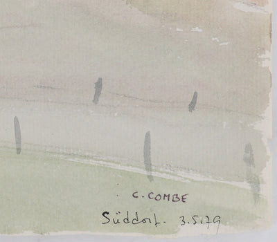 Camille COMBE : Le moulin à travers les prés, Aquarelle originale (photo de détail 2) - Crédit photo : Galerie Art.Paris