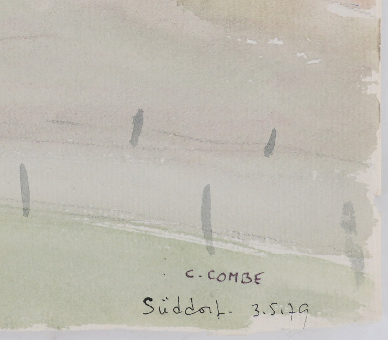 Camille COMBE : Le moulin à travers les prés, Aquarelle originale (photo de détail 2) - Crédit photo : Galerie Art.Paris