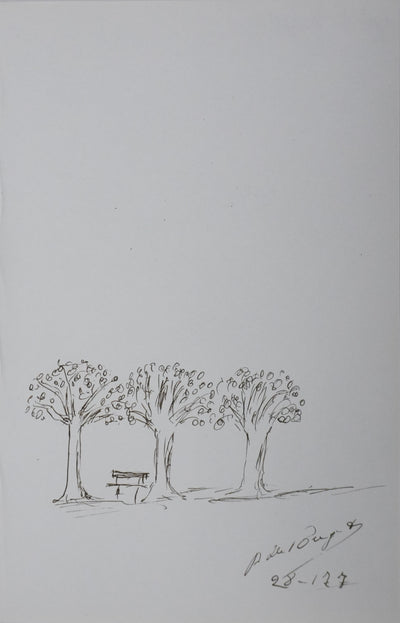 P DE POUJET : Le banc sous les arbres, Autographe et dessin original signé