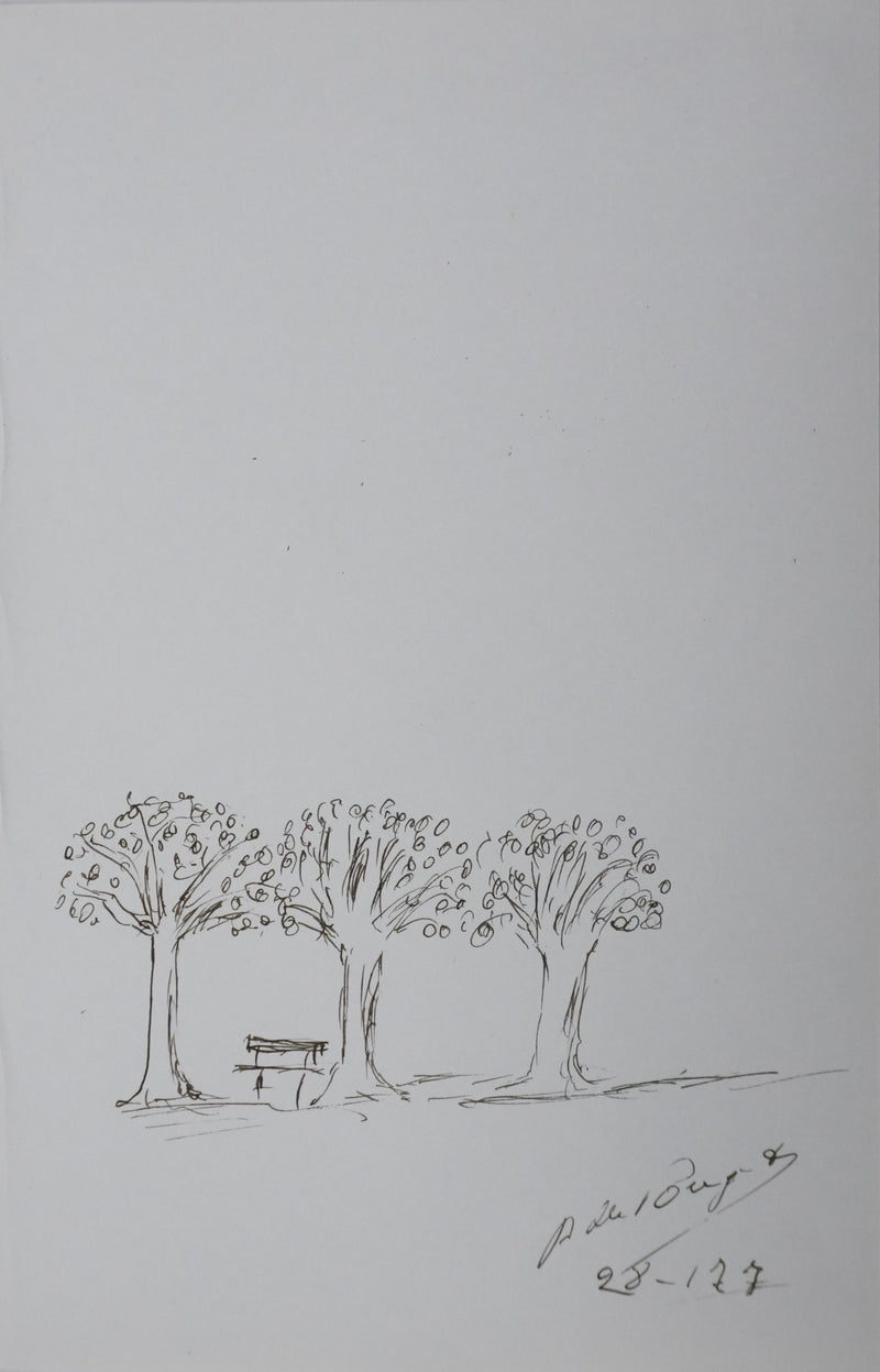 P DE POUJET : Le banc sous les arbres, Autographe et dessin original signé