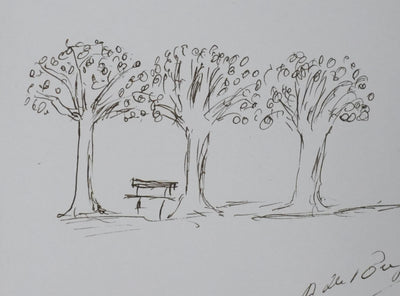 P DE POUJET : Le banc sous les arbres, Autographe et dessin original signé