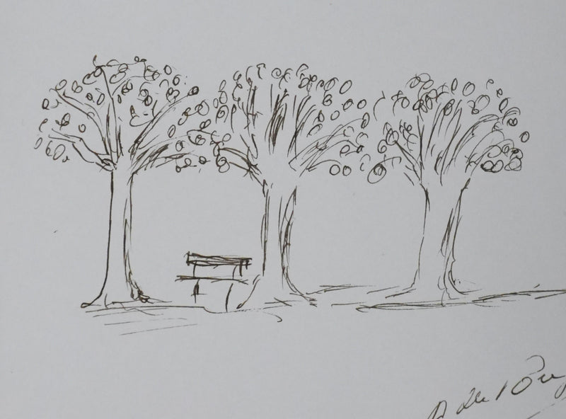 P DE POUJET : Le banc sous les arbres, Autographe et dessin original signé