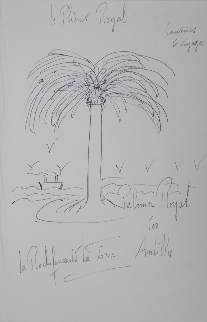 Jacques DE LA ROCHEFOUCAULD, DUC DE LA FORCE : Le palmier royal des Antilles, Autographe et dessin original signé