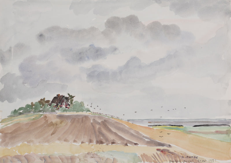 Camille COMBE : La maison sur la colline, Aquarelle originale signée