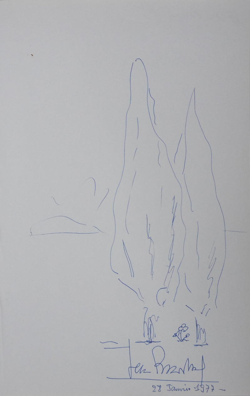 Jean Robert René BRACHARD : Les grands cyprès, Autographe et dessin original signé