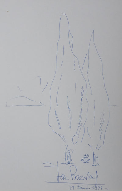 Jean Robert René BRACHARD : Les grands cyprès, Autographe et dessin original signé