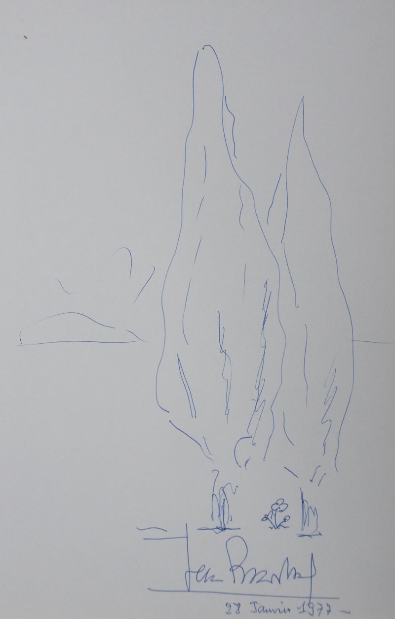 Jean Robert René BRACHARD : Les grands cyprès, Autographe et dessin original signé