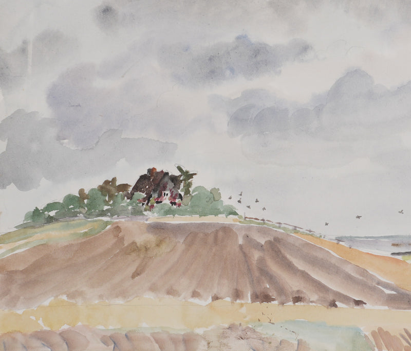 Camille COMBE : La maison sur la colline, Aquarelle originale signée