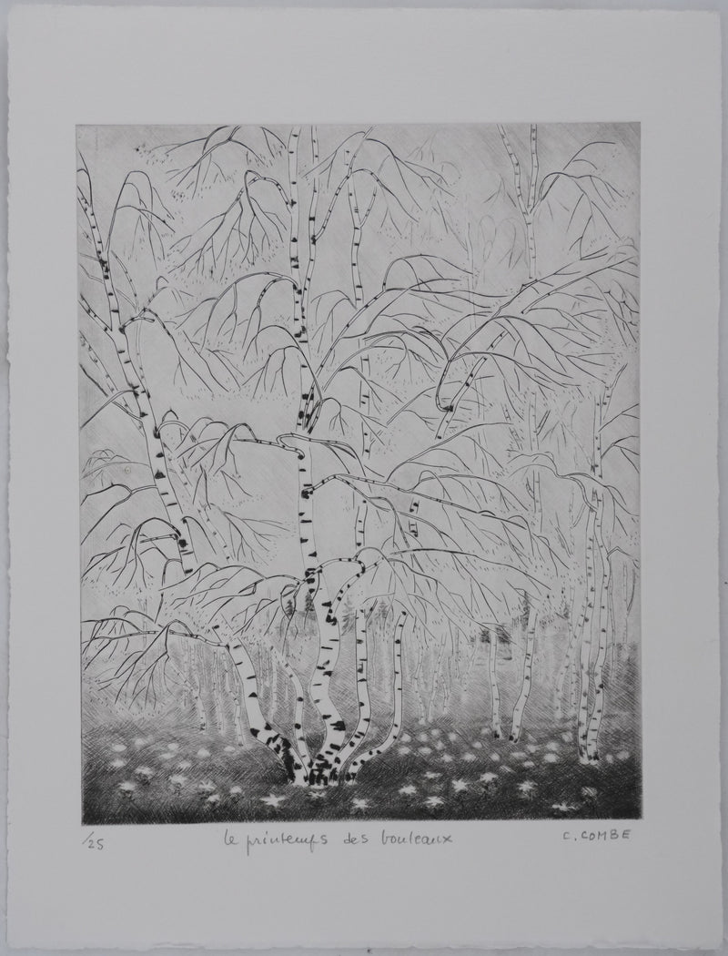 Camille COMBE : Le printemps des bouleaux, Gravure originale signée