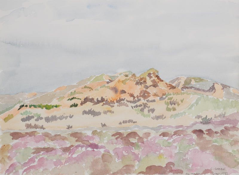 Camille COMBE : Le champs de fleurs rose, Aquarelle originale signée