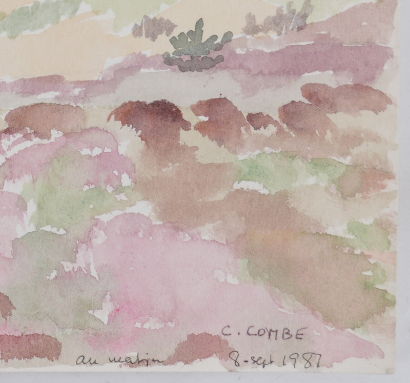 Camille COMBE : Le champs de fleurs rose, Aquarelle originale signée