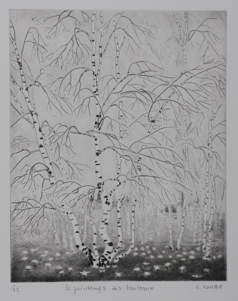 Camille COMBE : Le printemps des bouleaux, Gravure originale signée