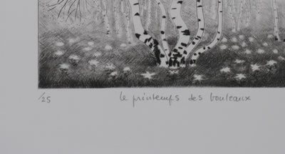 Camille COMBE : Le printemps des bouleaux, Gravure originale signée