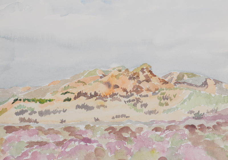 Camille COMBE : Le champs de fleurs rose, Aquarelle originale signée