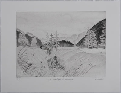 Camille COMBE : Les mélèzes d'automne, Gravure originale signée