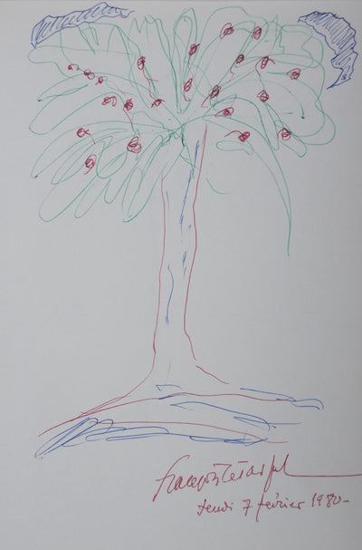 François LE TARGAT : L'arbre haut en couleurs, Autographe et dessin original signé