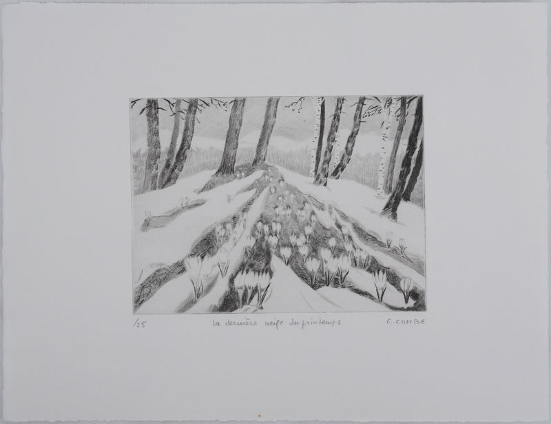 Camille COMBE : La dernière neige du printemps, Gravure originale signée