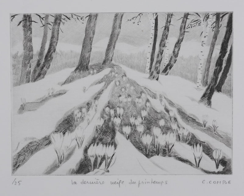 Camille COMBE : La dernière neige du printemps, Gravure originale signée