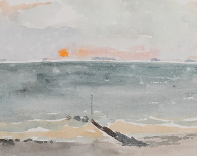 Camille COMBE : Soleil orangé sur l'eau, Aquarelle originale signée
