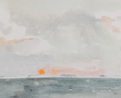 Camille COMBE : Soleil orangé sur l'eau, Aquarelle originale signée