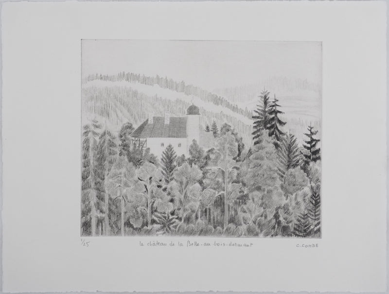 Camille COMBE : Le château de la belle au bois dormant, Gravure originale signée