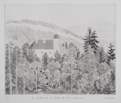 Camille COMBE : Le château de la belle au bois dormant, Gravure originale signée