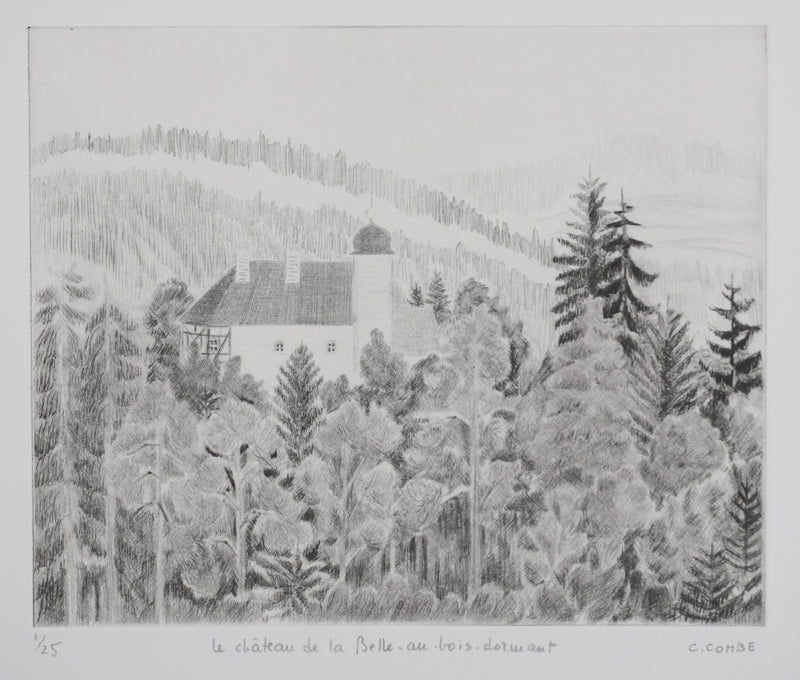 Camille COMBE : Le château de la belle au bois dormant, Gravure originale signée