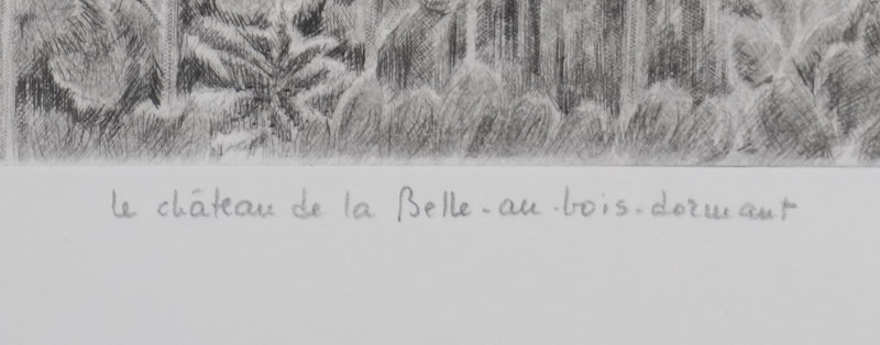 Camille COMBE : Le château de la belle au bois dormant, Gravure originale signée