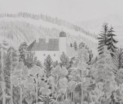 Camille COMBE : Le château de la belle au bois dormant, Gravure originale signée