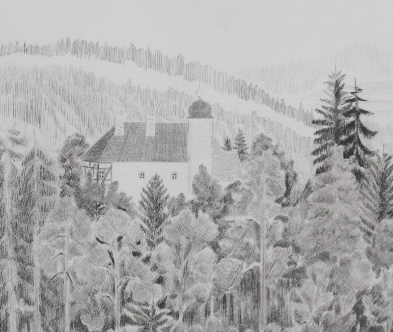 Camille COMBE : Le château de la belle au bois dormant, Gravure originale signée