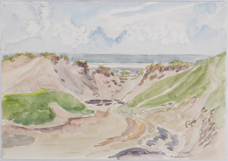 Camille COMBE : Le chemin à travers les dunes, Aquarelle originale (vue générale) - Crédit photo : Galerie Art.Paris