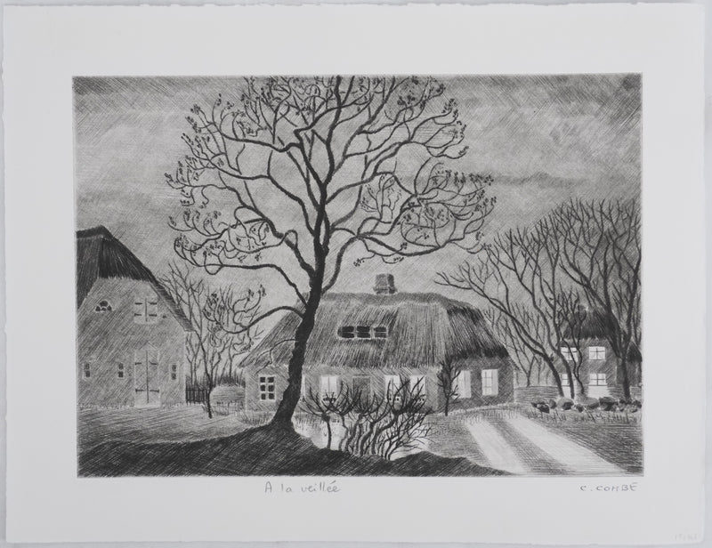 Camille COMBE : A la veillée, Gravure originale signée