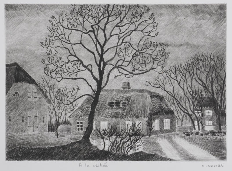 Camille COMBE : A la veillée, Gravure originale signée