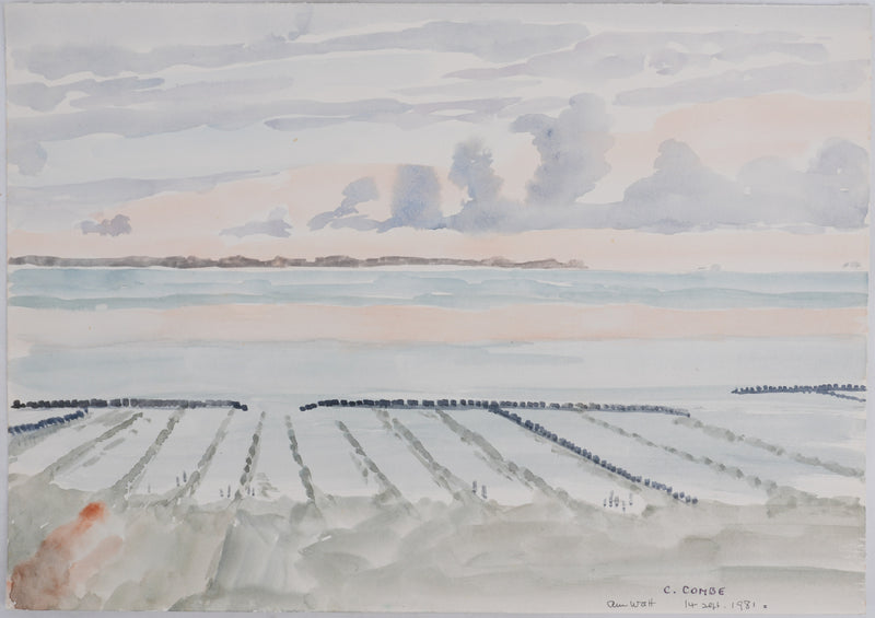 Camille COMBE : Les salines au coucher de soleil, Aquarelle originale signée