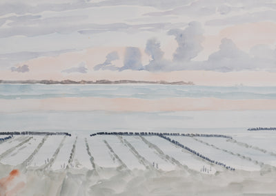 Camille COMBE : Les salines au coucher de soleil, Aquarelle originale signée