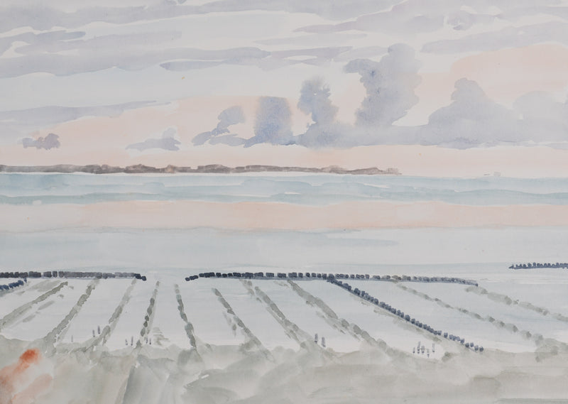 Camille COMBE : Les salines au coucher de soleil, Aquarelle originale signée