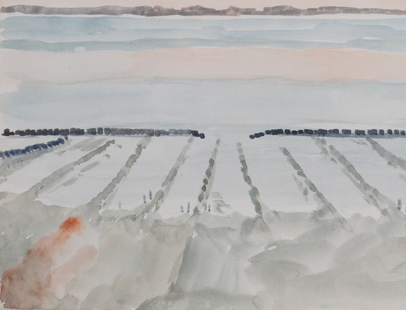 Camille COMBE : Les salines au coucher de soleil, Aquarelle originale signée