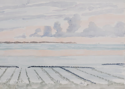 Camille COMBE : Les salines au coucher de soleil, Aquarelle originale signée