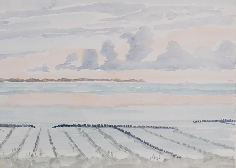 Camille COMBE : Les salines au coucher de soleil, Aquarelle originale signée