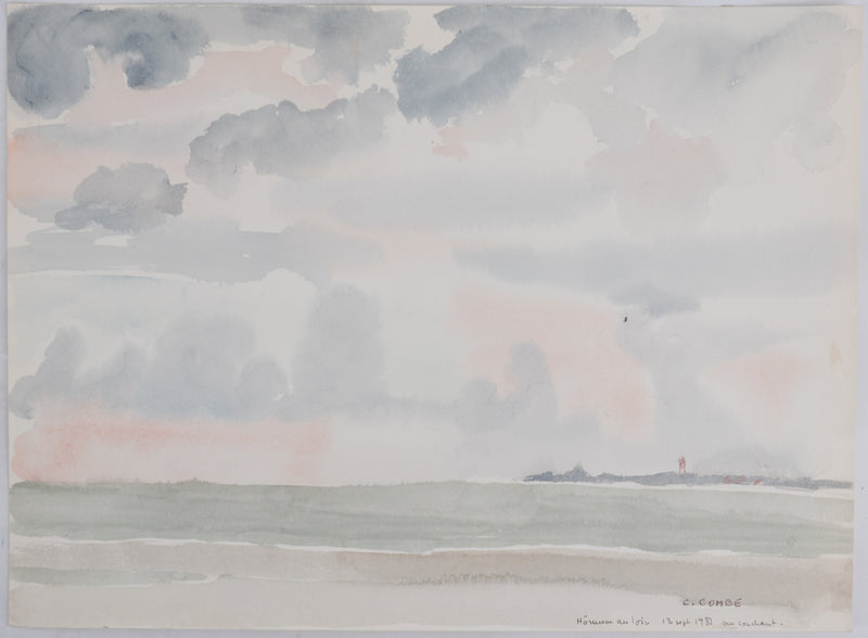 Camille COMBE : Bord de mer ombragé, Aquarelle originale signée