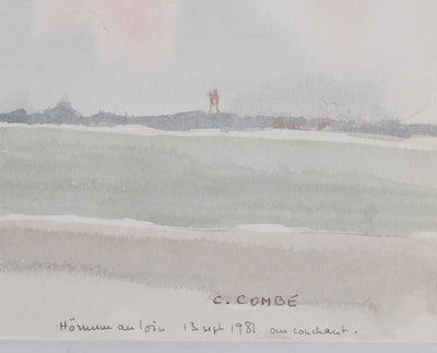 Camille COMBE : Bord de mer ombragé, Aquarelle originale signée
