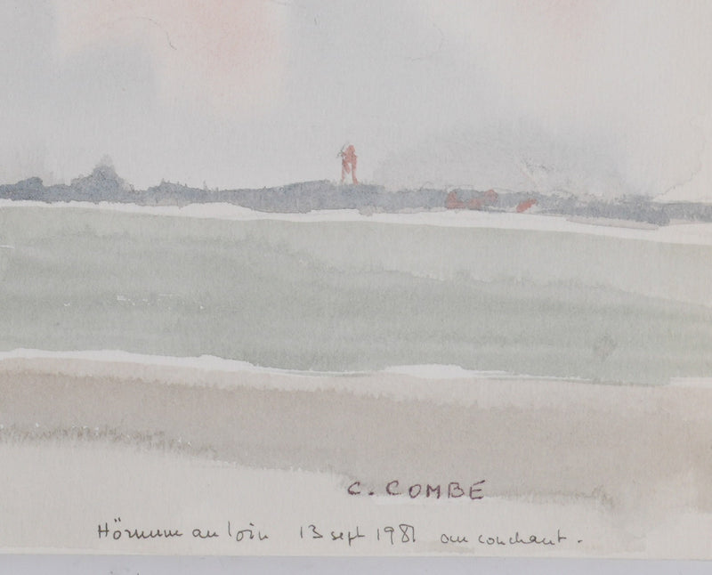 Camille COMBE : Bord de mer ombragé, Aquarelle originale signée