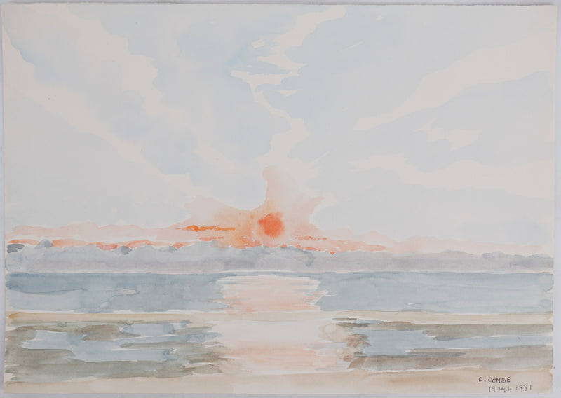 Camille COMBE : Reflets du crépuscule sur l’eau, Aquarelle originale signée