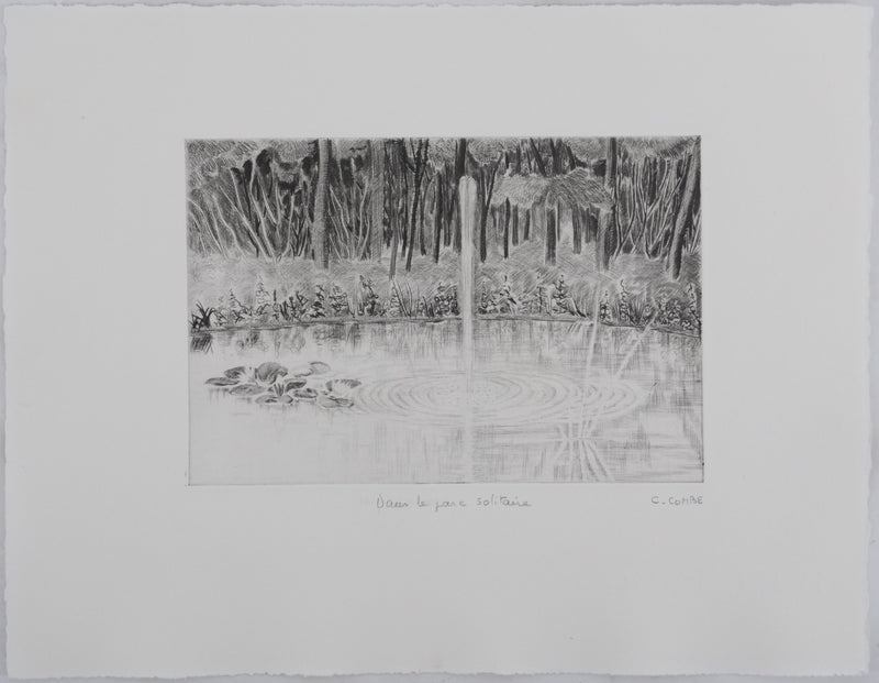 Camille COMBE : Dans le parc solitaire, Gravure originale signée
