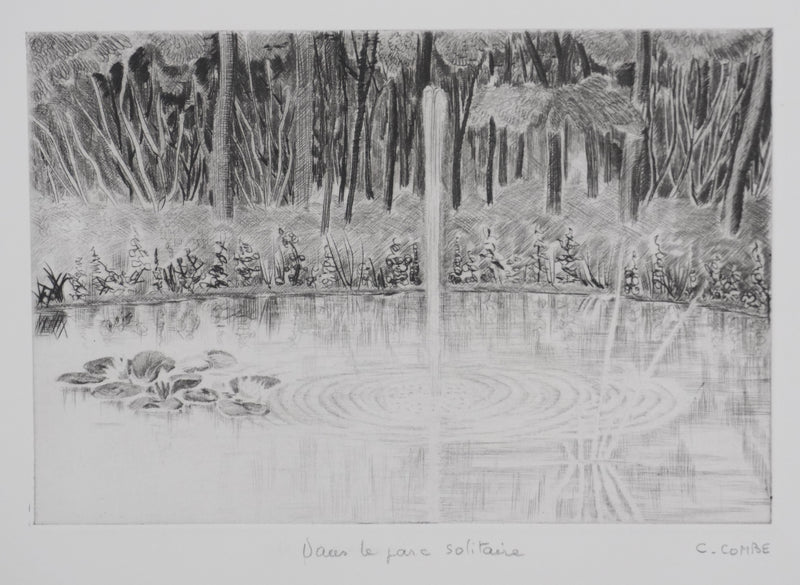 Camille COMBE : Dans le parc solitaire, Gravure originale signée